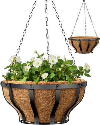 VOXOR 12-inch metal hanging baskets for sturdy outdoor display and plant organization.