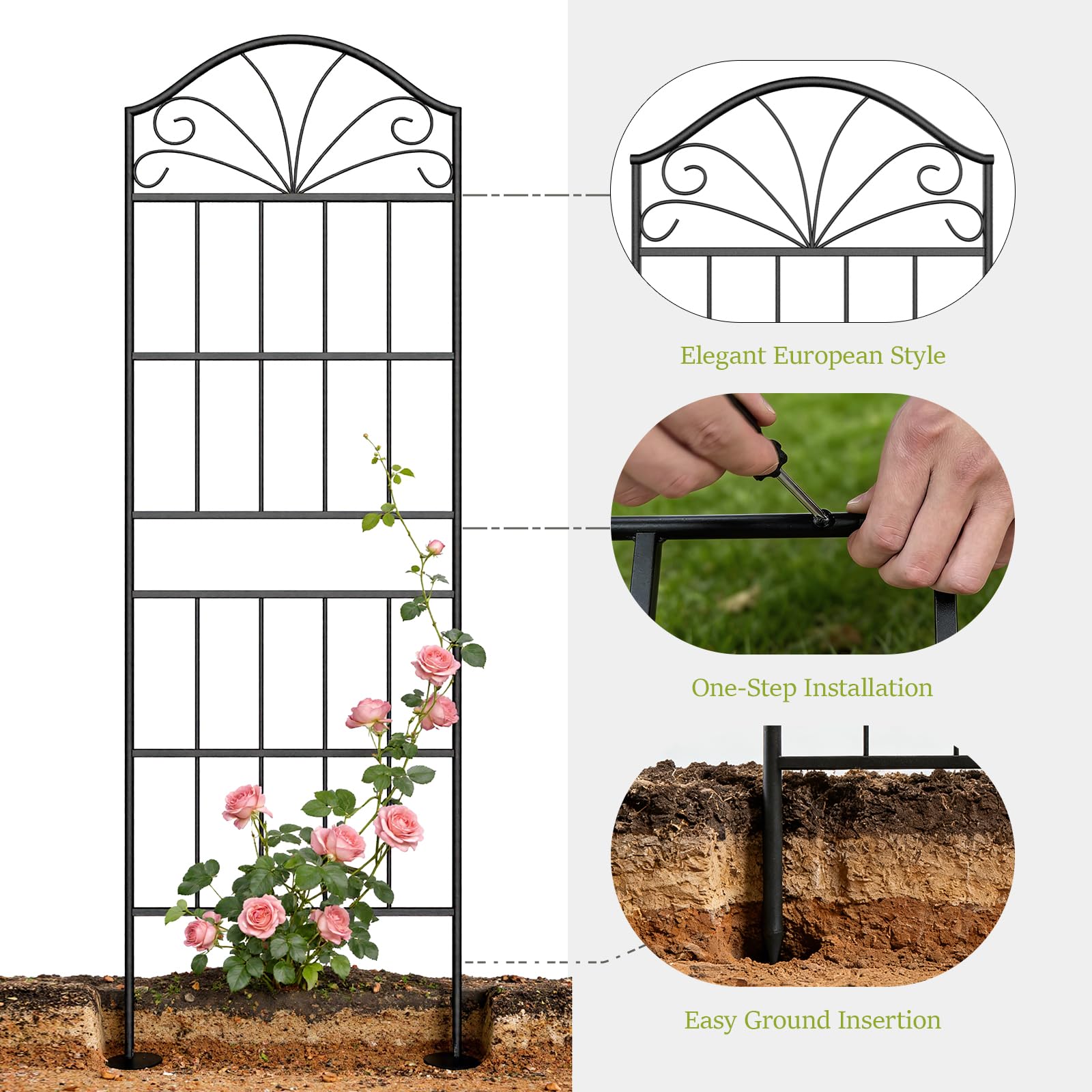 VOXOR ornate rose trellis in black finish adds decorative garden accent and guides roses.