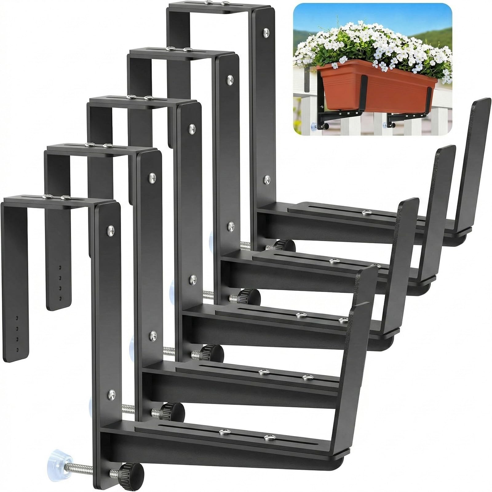 voxor window box brackets show adjustable top and bottom for railing compatibility