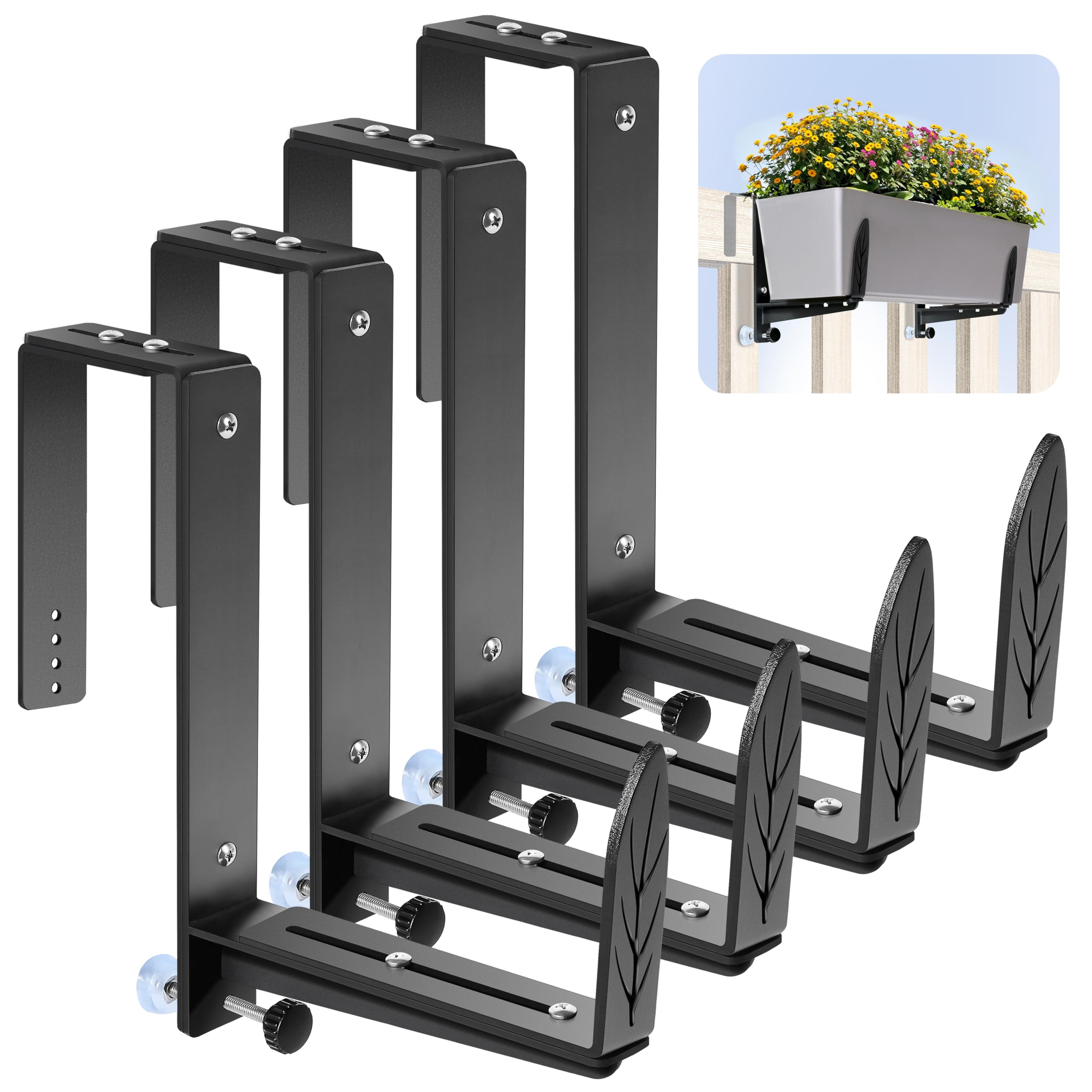 VOXOR window box brackets on a railing setup with adjustable fit for multiple planter sizes.