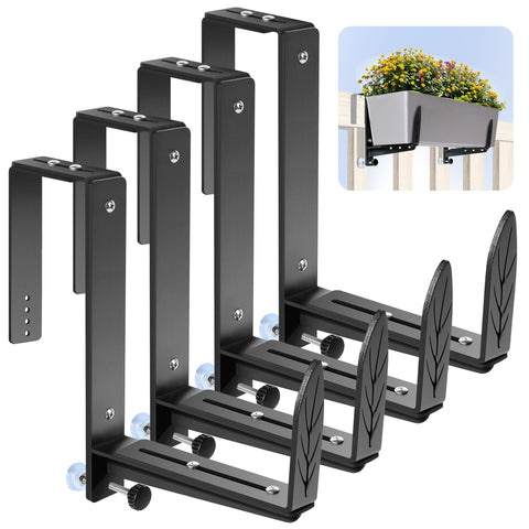 VOXOR window box brackets on a railing setup with adjustable fit for multiple planter sizes.