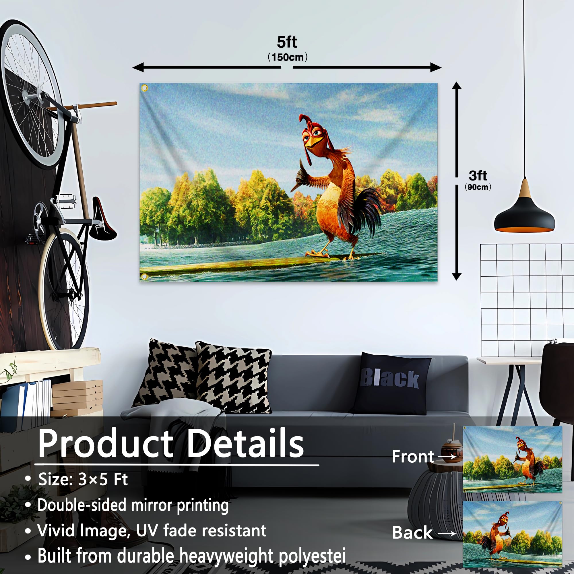 VOZUN chicken flag with brass grommets makes easy wall hanging.