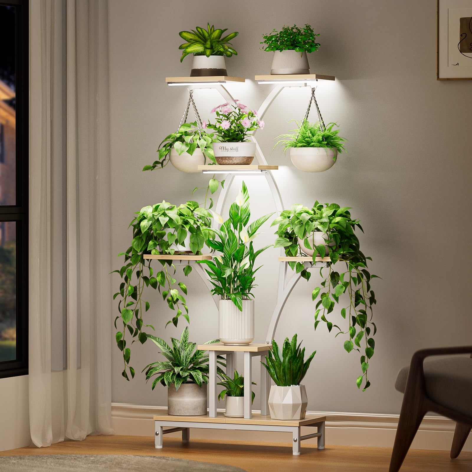 VOZZYOTO 7-tier corner shelf holds multiple plants in compact spaces.
