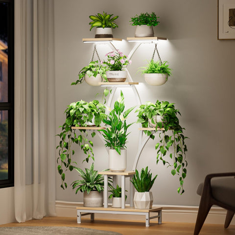 VOZZYOTO 7-tier corner shelf holds multiple plants in compact spaces.