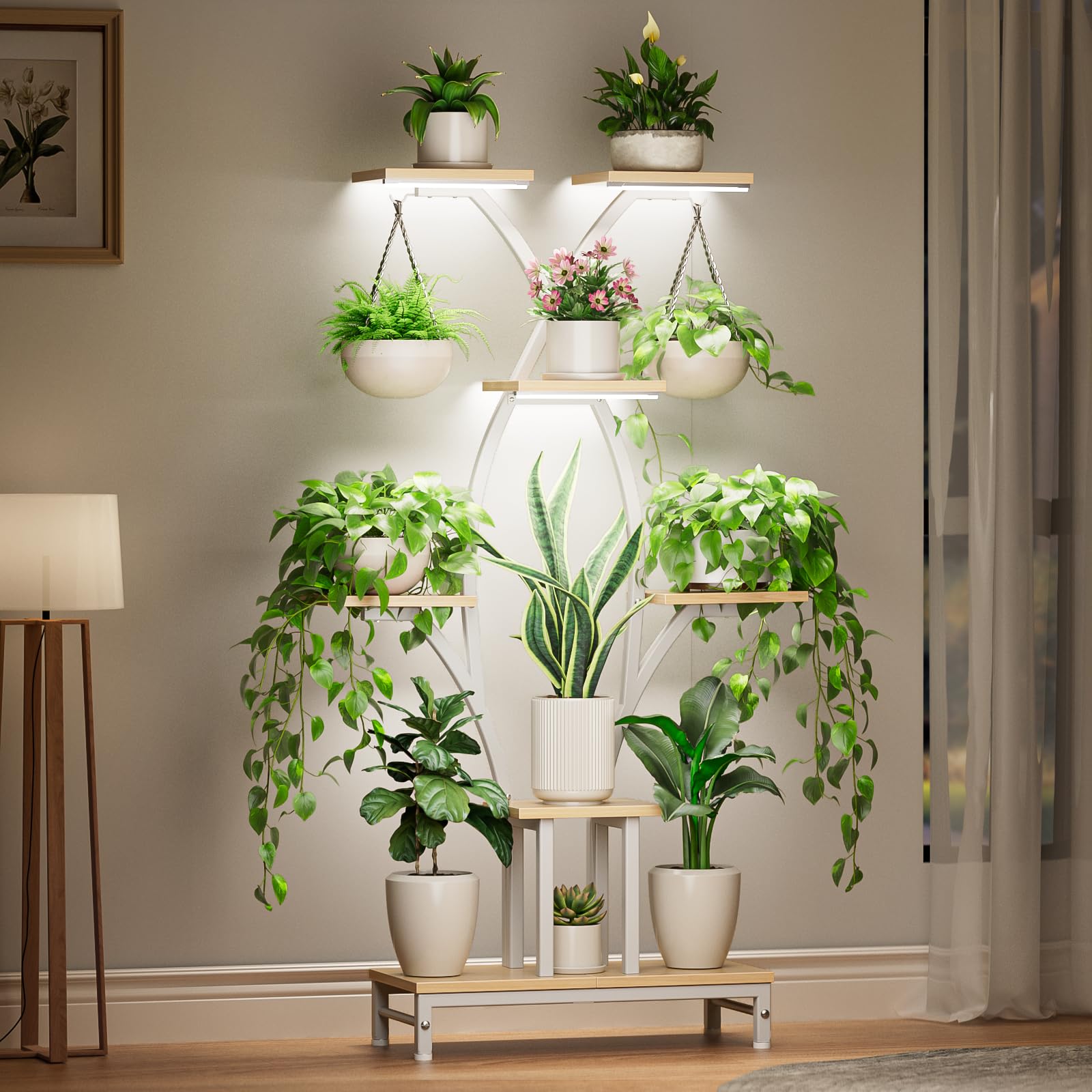 VOZZYOTO plant stand with grow lights illuminates indoor corners for thriving greenery.