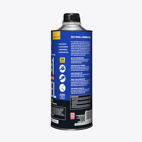VP Racing 2-Cycle fuel label shows unleaded 94 octane for clean operation