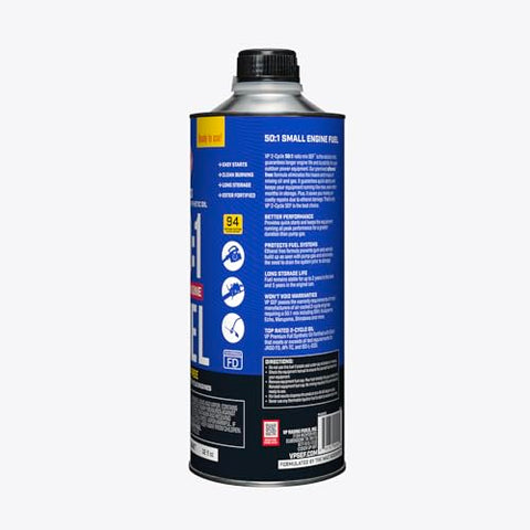 VP Racing 2-Cycle fuel label shows unleaded 94 octane for clean operation