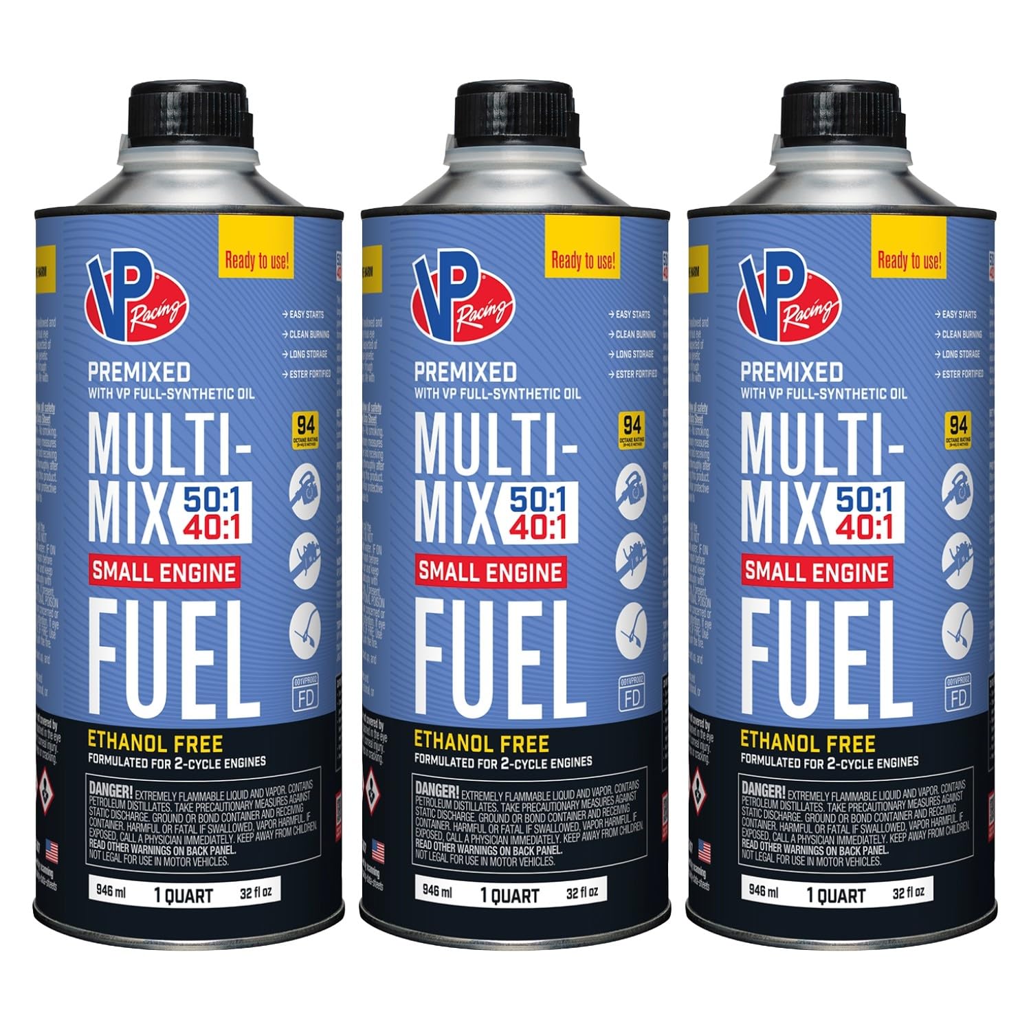VP Racing Multi-Mix 40:1 premixed fuel being poured for easy outdoor tool fueling