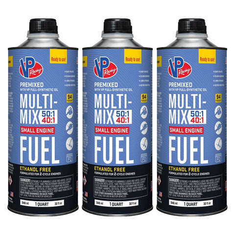 VP Racing Multi-Mix 40:1 premixed fuel being poured for easy outdoor tool fueling