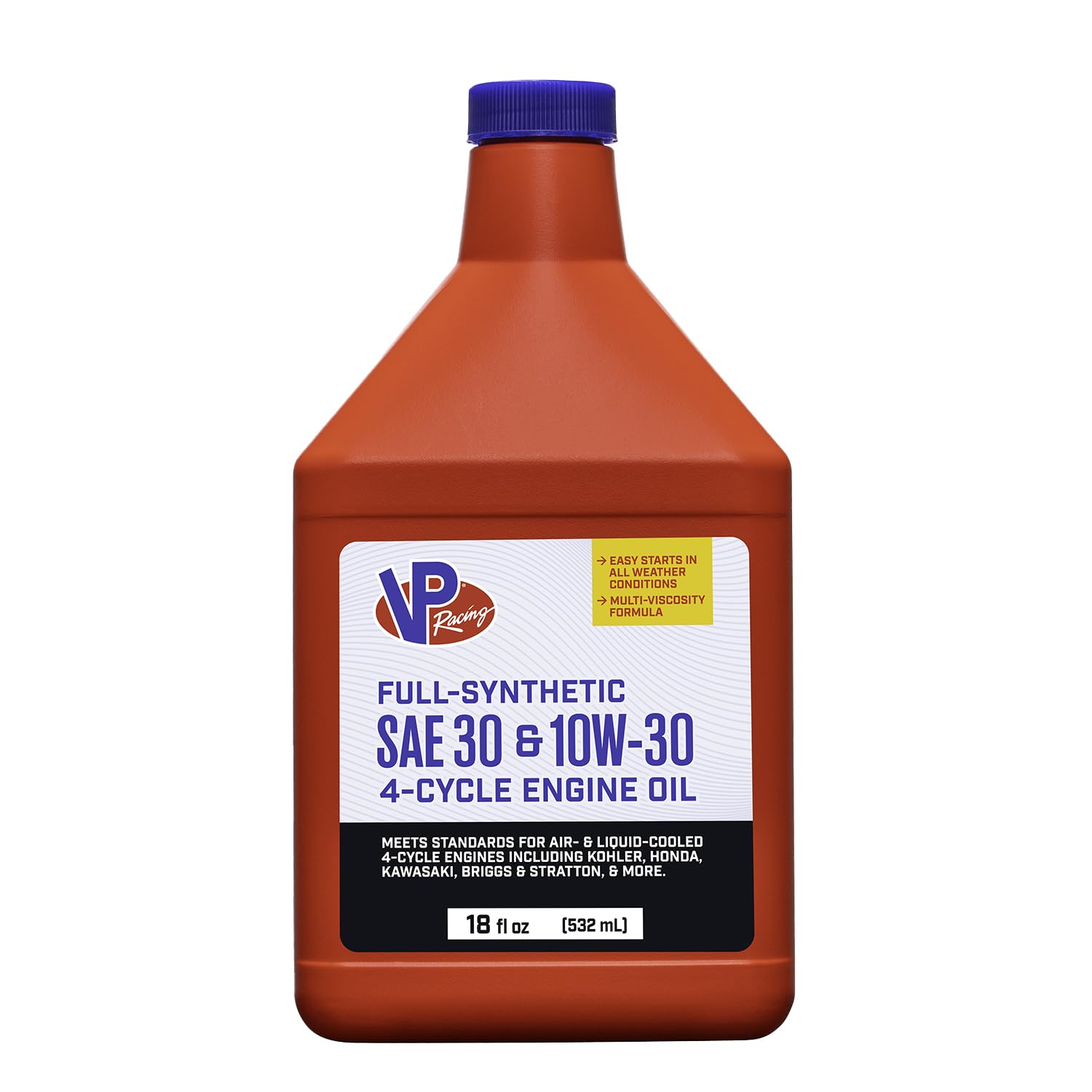 VP Racing small engine oil bottle for four-stroke SAE 30, ideal for lawn equipment.