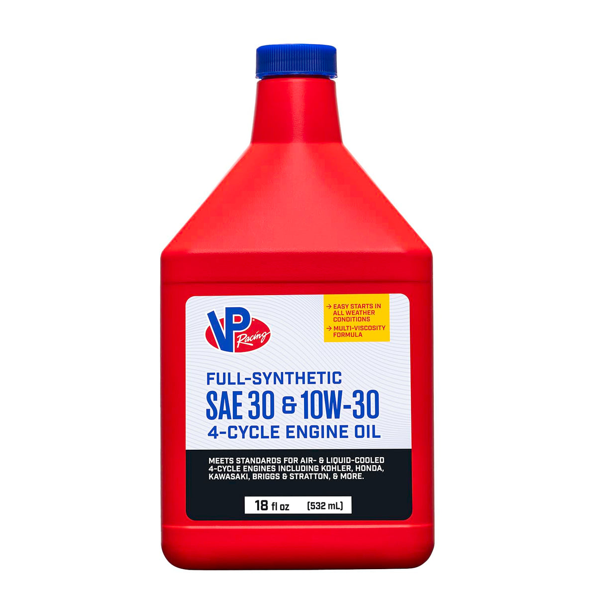 VP Racing small engine oil bottle for four-stroke SAE 30, ideal for lawn equipment.