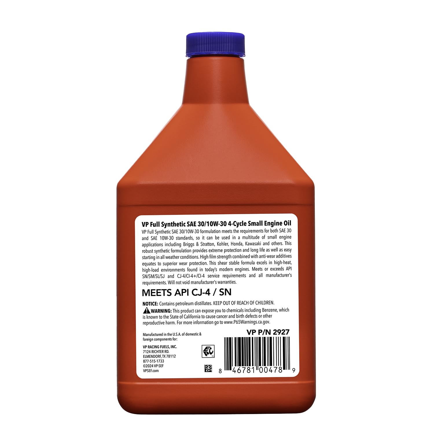 VP Racing synthetic small engine oil bottle highlights biodegradable formula for eco-friendly operation.