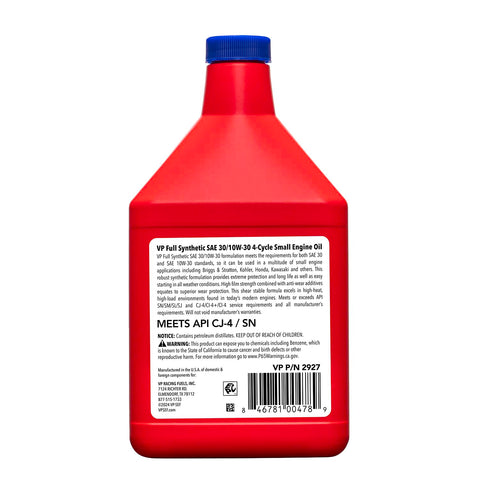 VP Racing synthetic small engine oil bottle highlights biodegradable formula for eco-friendly operation.