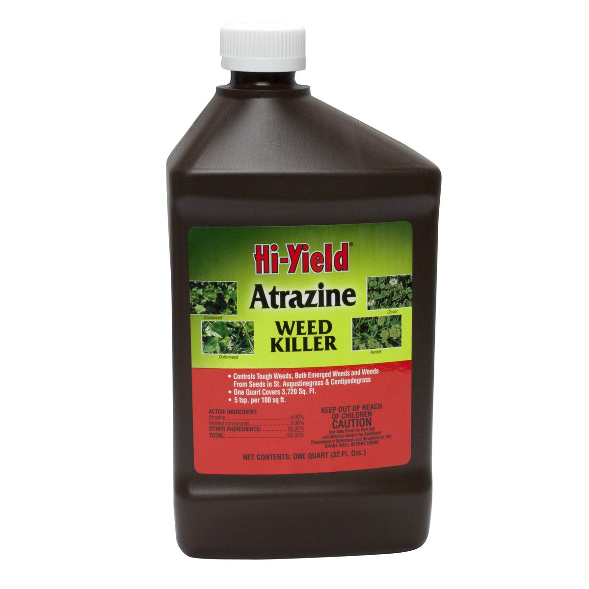 VPG Hi-Yield Atrazine bottle pour demonstrating easy weed-control for St. Augustine and centipede grass