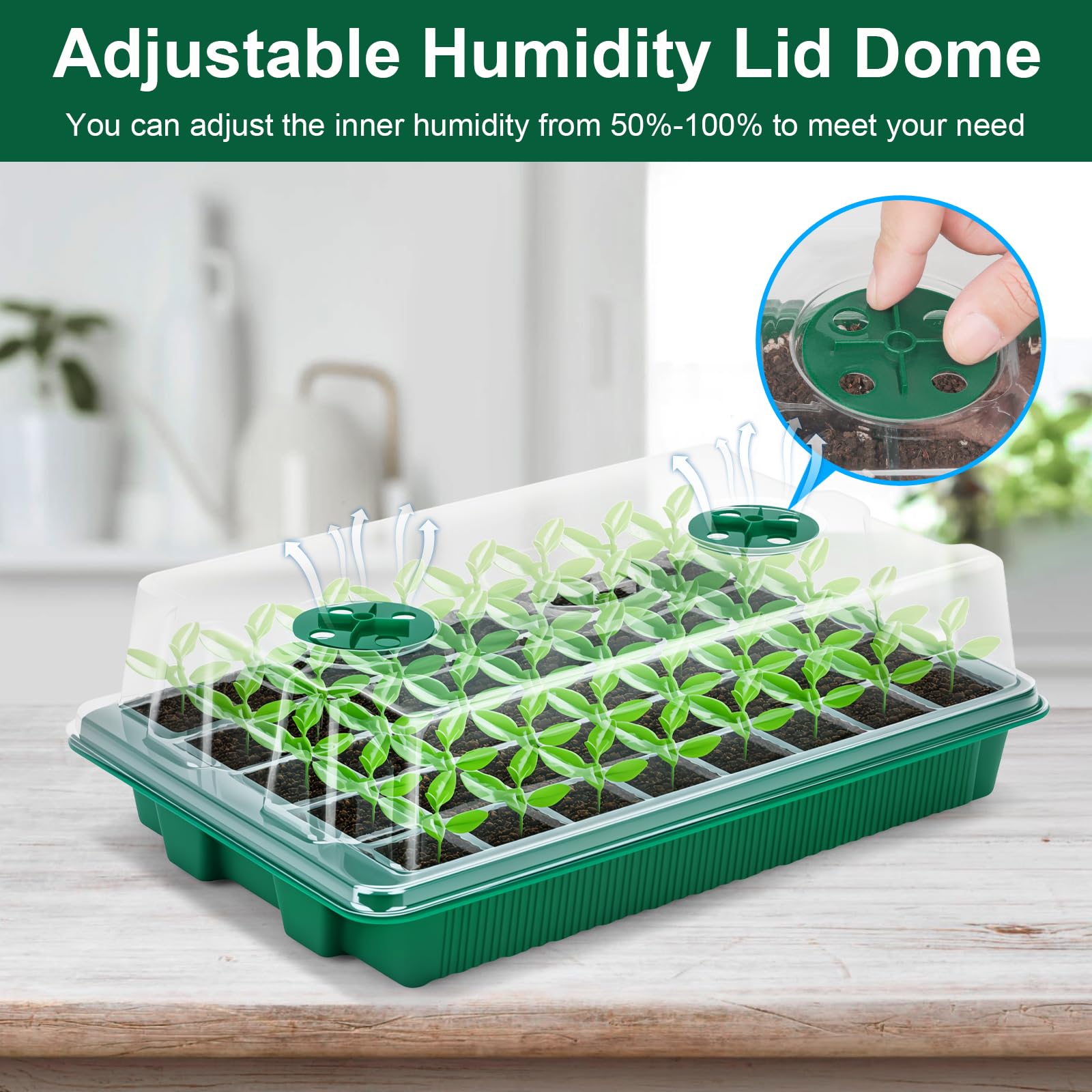 VPQZUPG seed-starting lids protect young seedlings and maintain humidity.