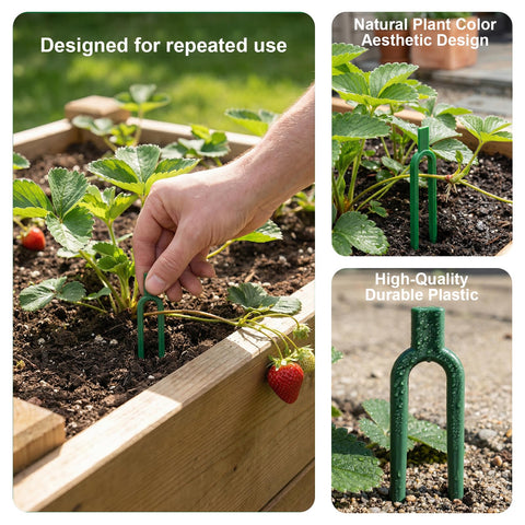 VPWHY plastic garden pin in green blends with beds while securing stems.