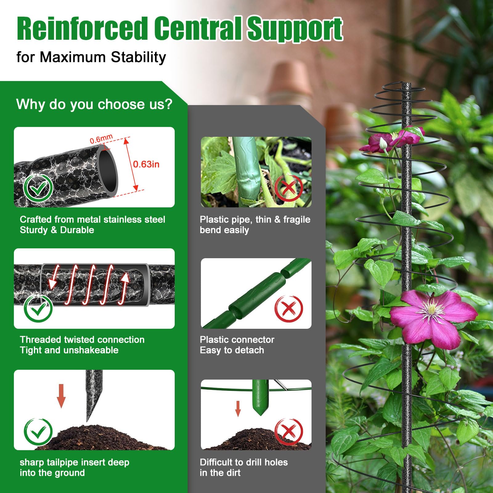 VRIEZOP heavy-duty trellis close-up showing reinforced center pole for anti-tip stability
