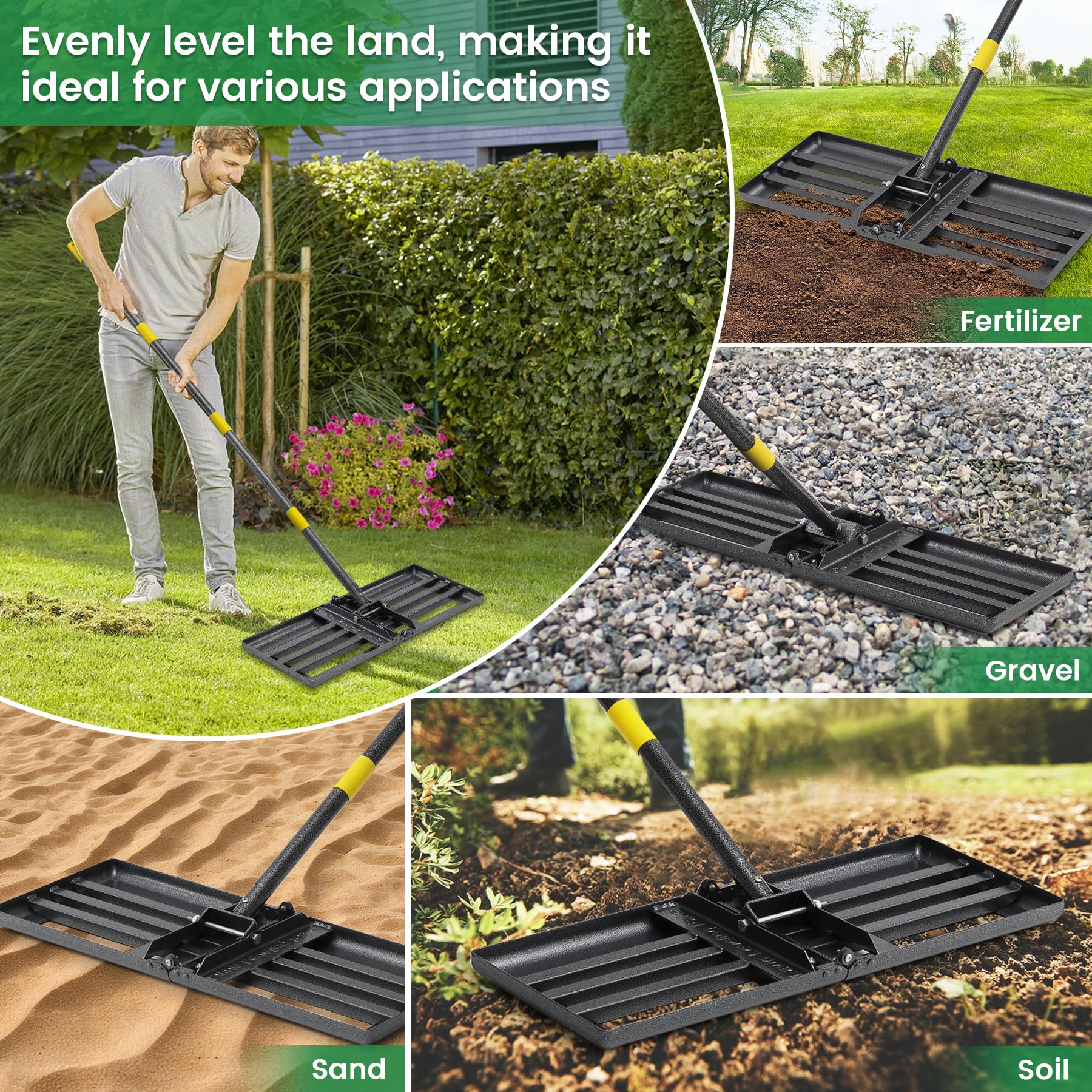 VRIEZOP multi-use lawn tool handles soil, sand, and gravel.