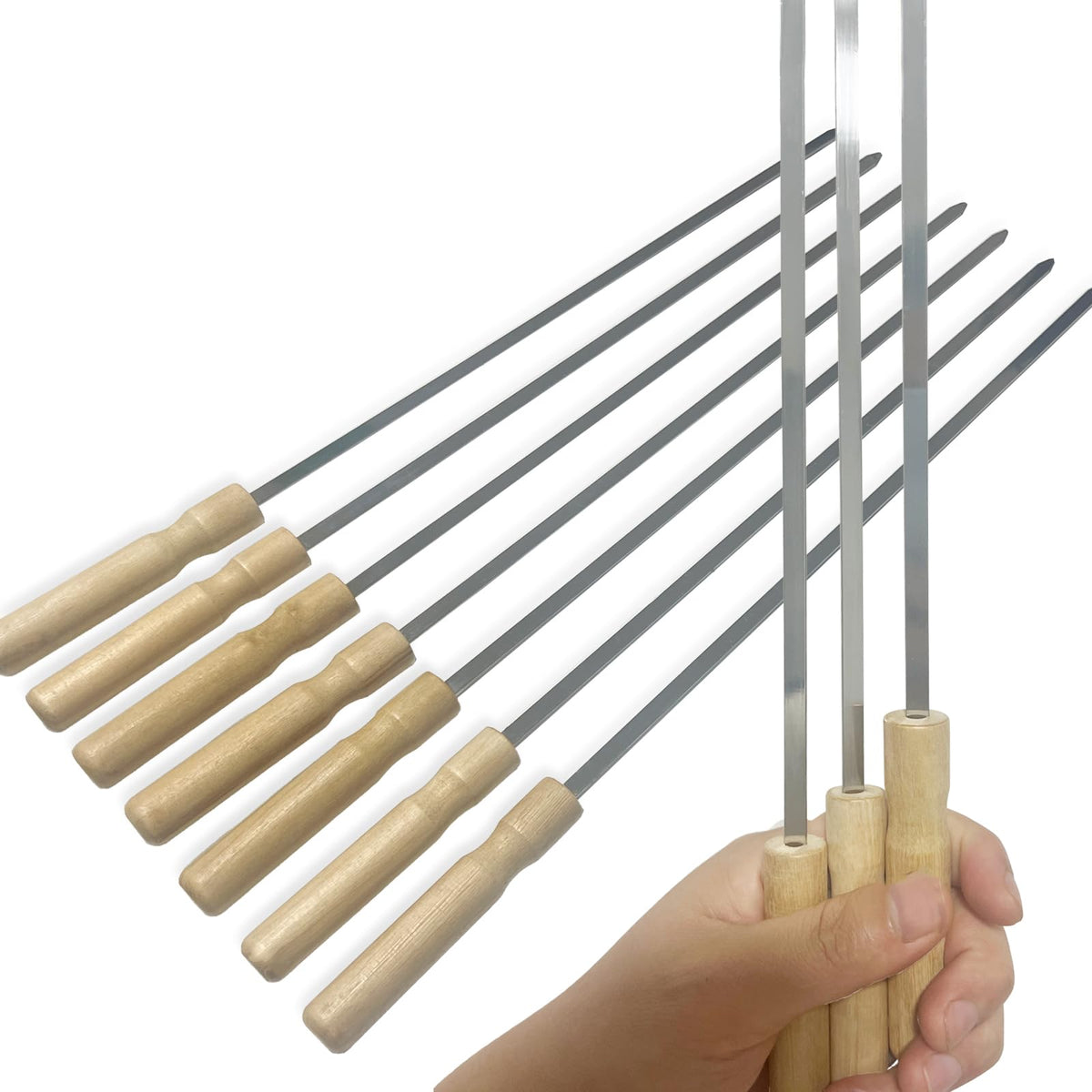 Vriysei 16-inch flat kabob skewers show sturdy stainless steel construction for even grilling.