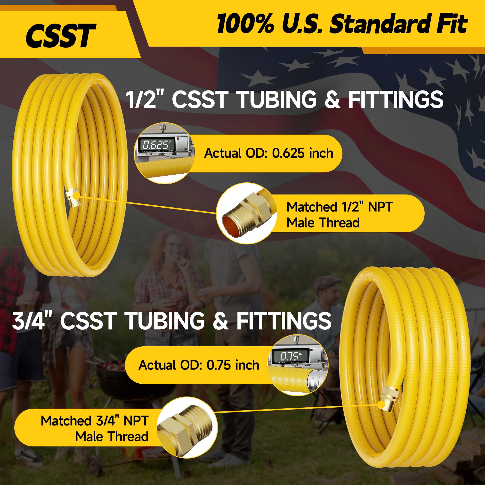 Vruelia CSST gas line with brass NPT connectors for quick, secure connections