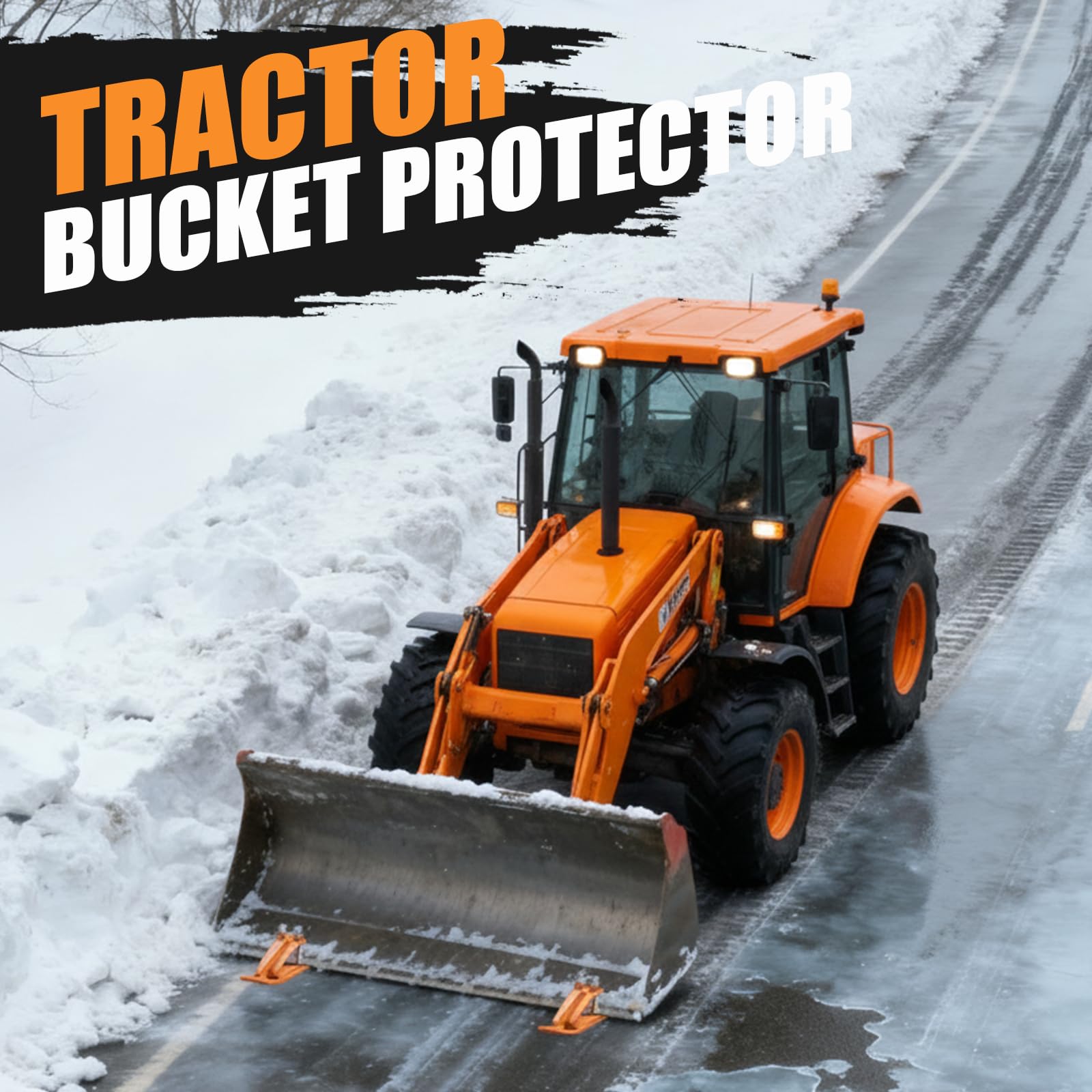 Vrxsond tractor bucket protector side view shows rugged steel for driveways and leaves.