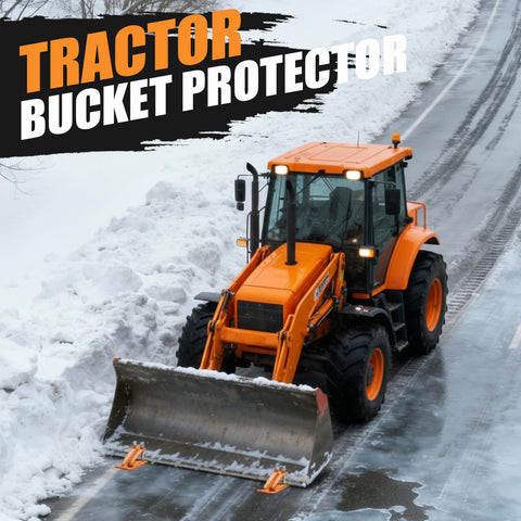 Vrxsond tractor bucket protector side view shows rugged steel for driveways and leaves.