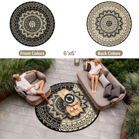 VSIWB reversible mandala pattern rug offers two styles for outdoor decor versatility.