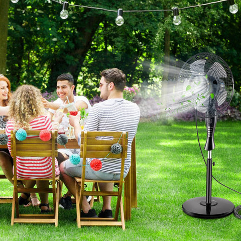 VsMon-Fri garden setup shows misting ring delivering refreshment during gatherings.
