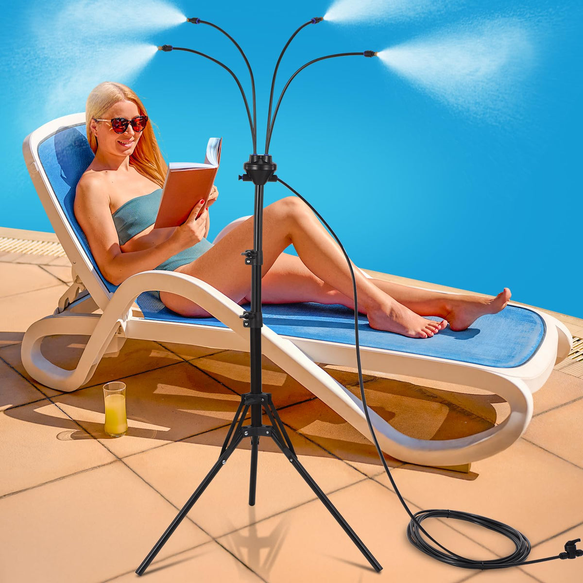 VsMon-Fri outdoor mister adjustable height for full-body cooling outdoors.