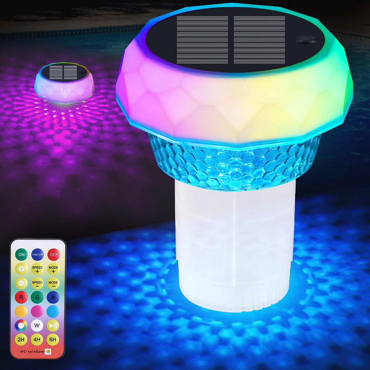VsMon-Fri solar pool floater with light glowing at night for ambient ambiance
