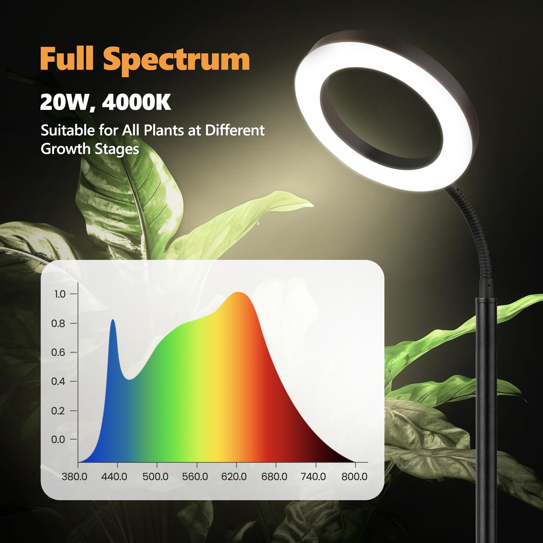 Vsoke Grow Light at 63-inch height covers tall plants like monstera and fiddle leaf fig