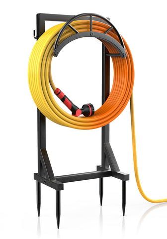 Vsonker garden hose holder black, side view, keeps hoses neatly organized outdoors