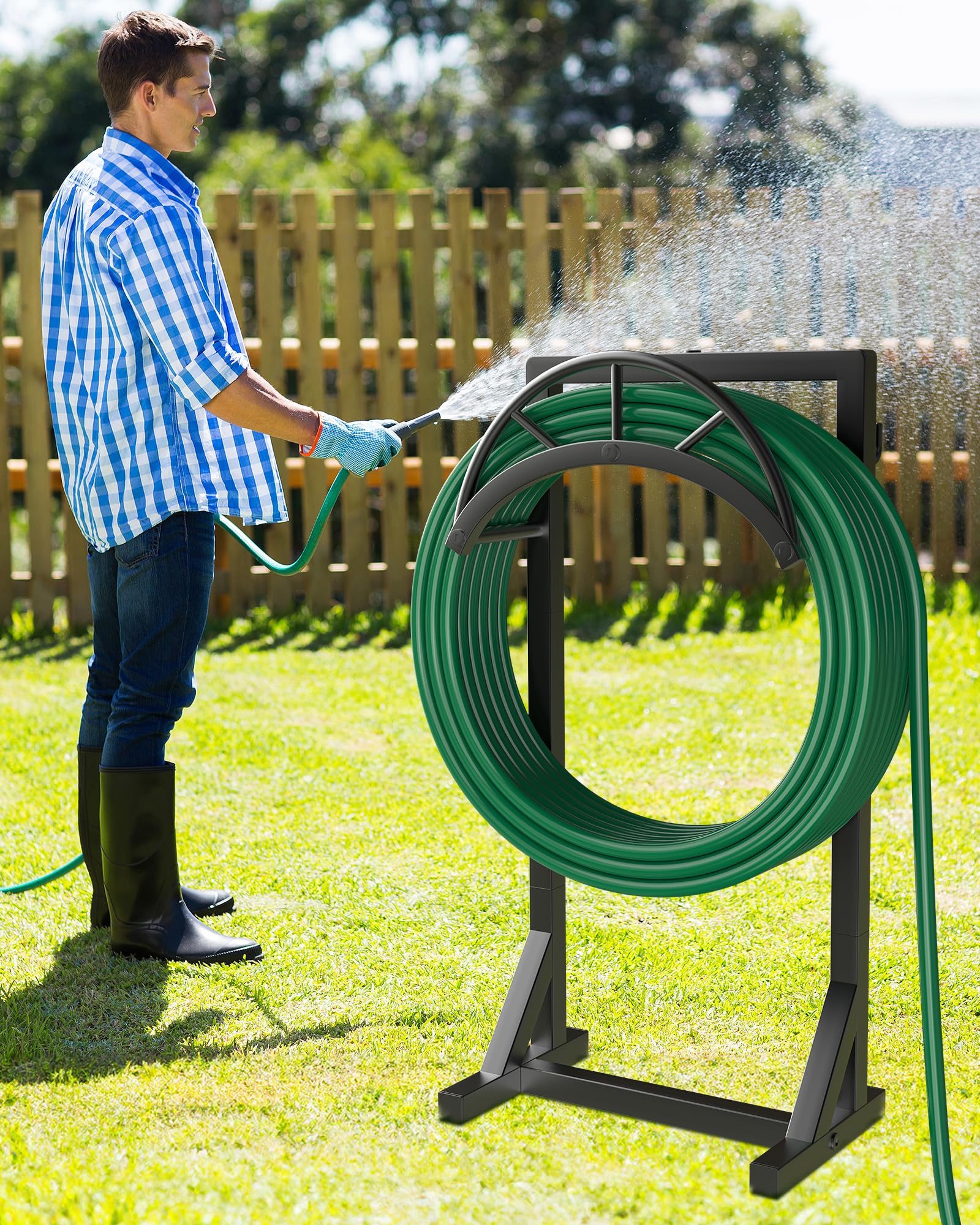 Vsonker hose storage stand in patio setting with lush lawn