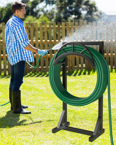 Vsonker hose storage stand in patio setting with lush lawn