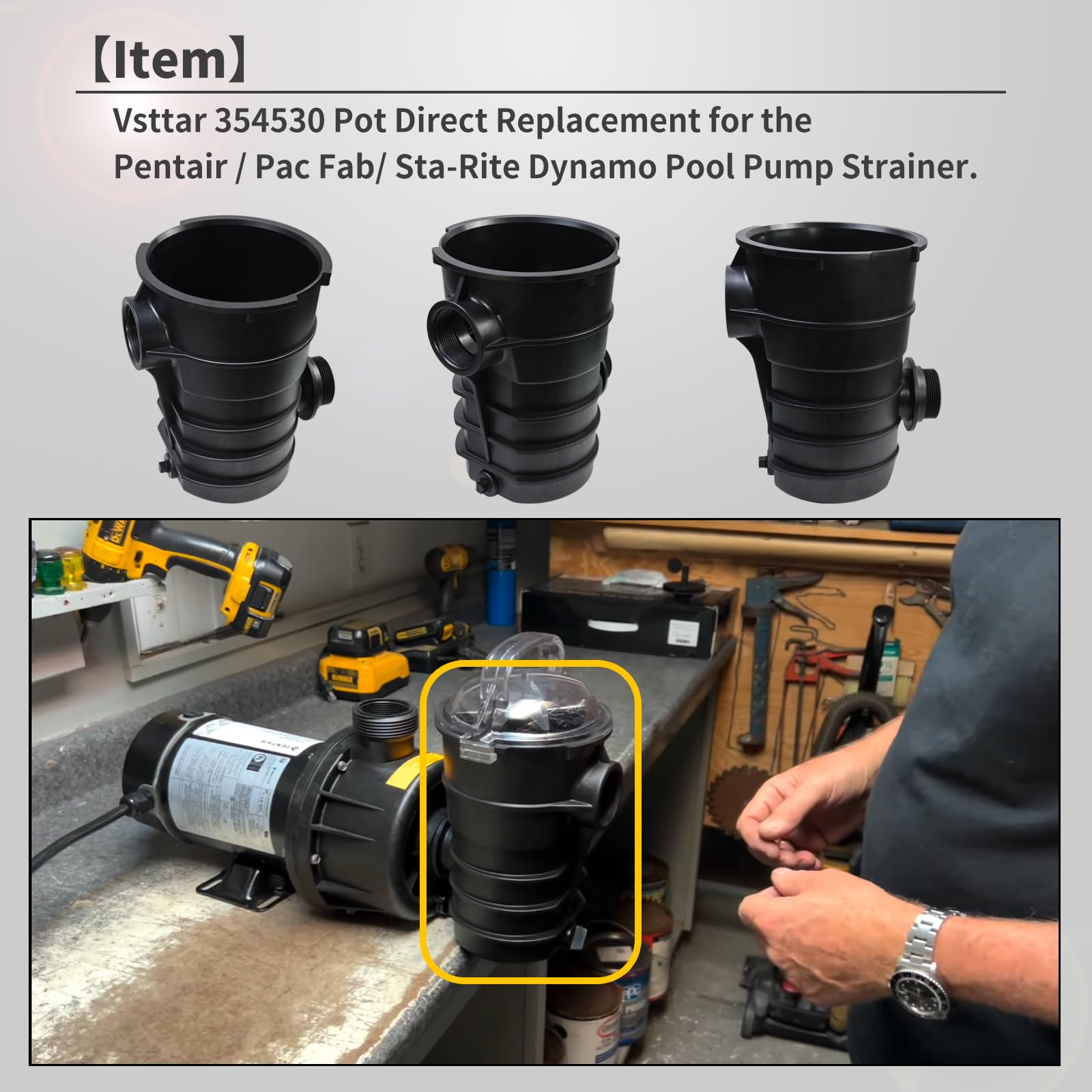 Vsttar 354530 direct pot for Pentair Dynamo pump side view shows proper fit.