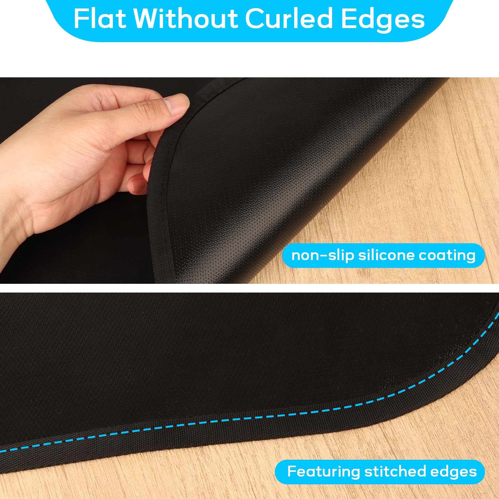 Vsvgmoq flat edges prevent curling for safe, slip-free cooking areas.