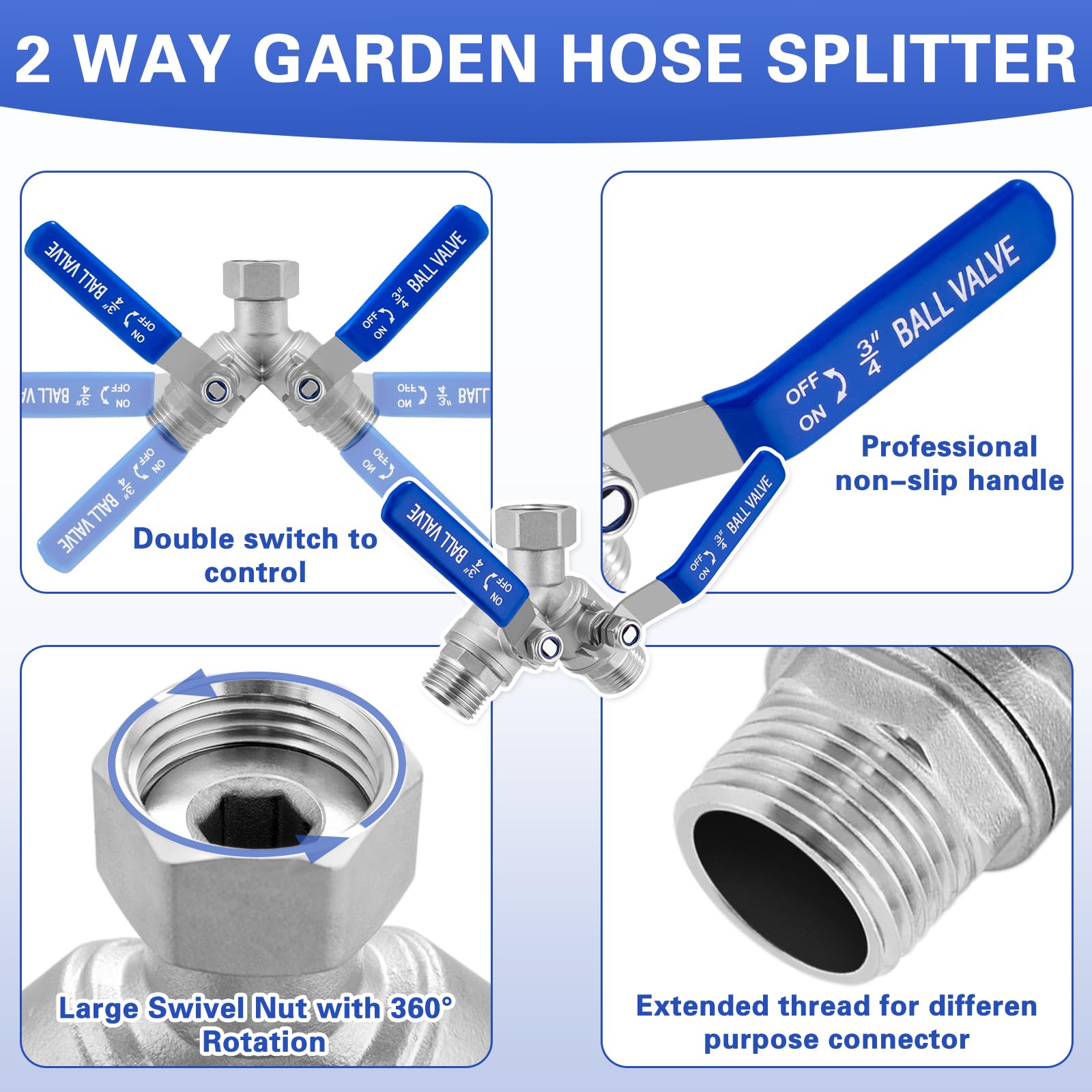 Vtenyeo hose splitter shown with 360-degree rotary nut for easy installation.