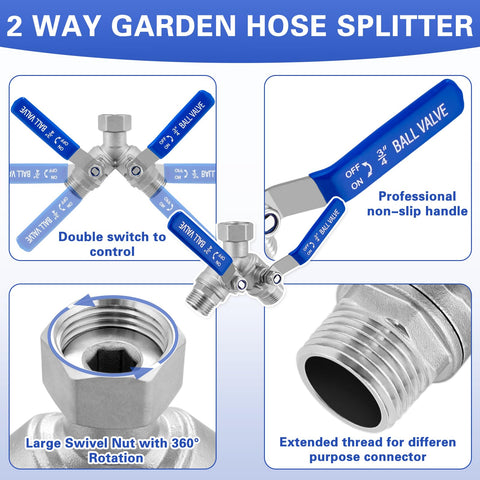 Vtenyeo hose splitter shown with 360-degree rotary nut for easy installation.