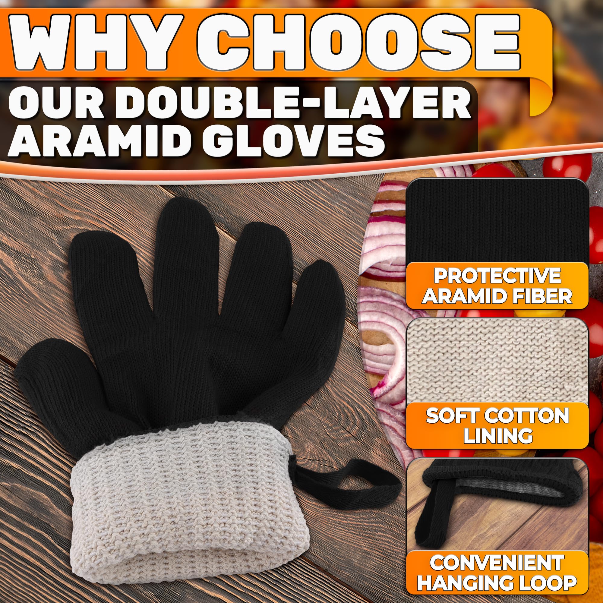 V TOWER cotton-lined gloves provide soft comfort during long cooking sessions.