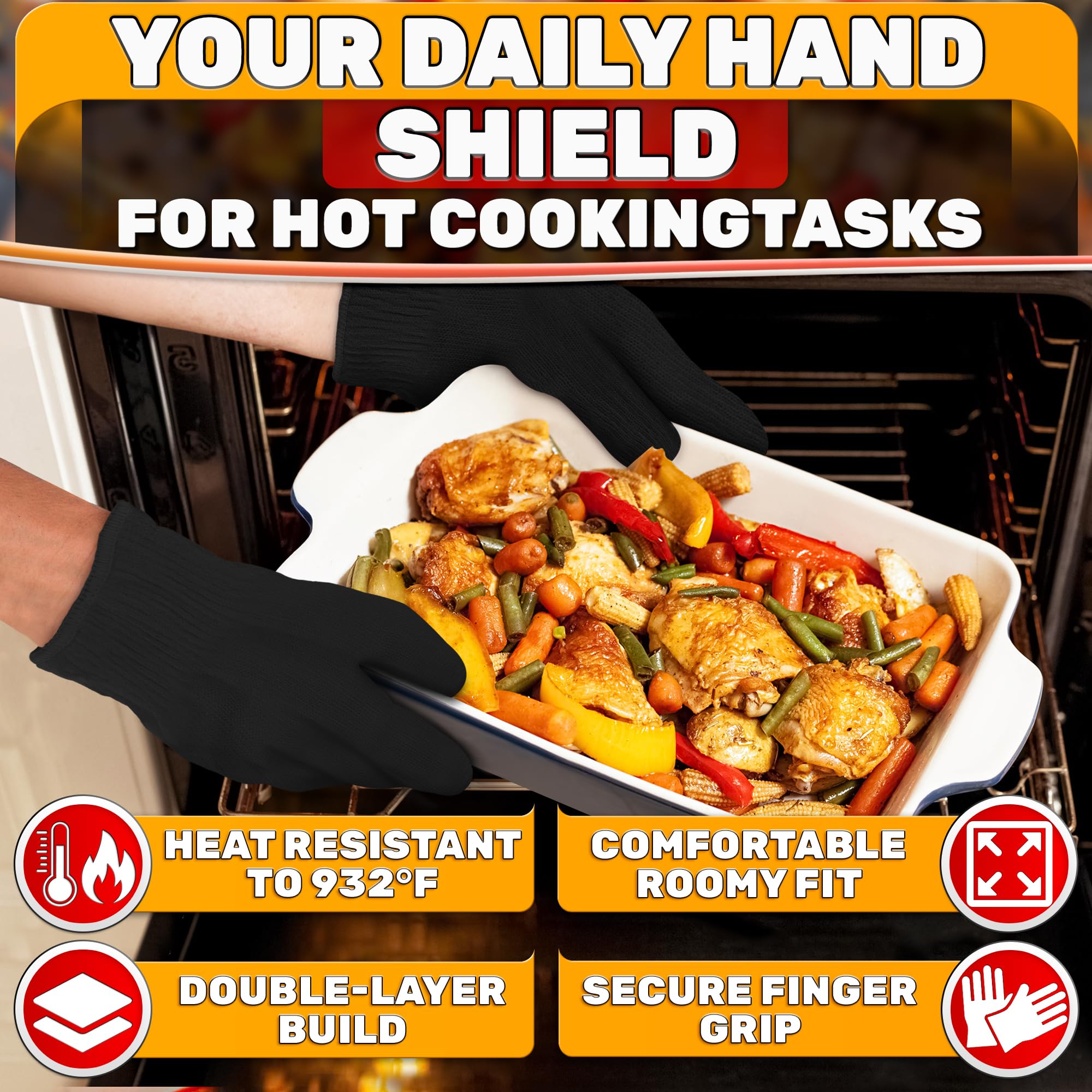 V TOWER lightweight heat-resistant gloves ideal for quick transfers and frying tasks.