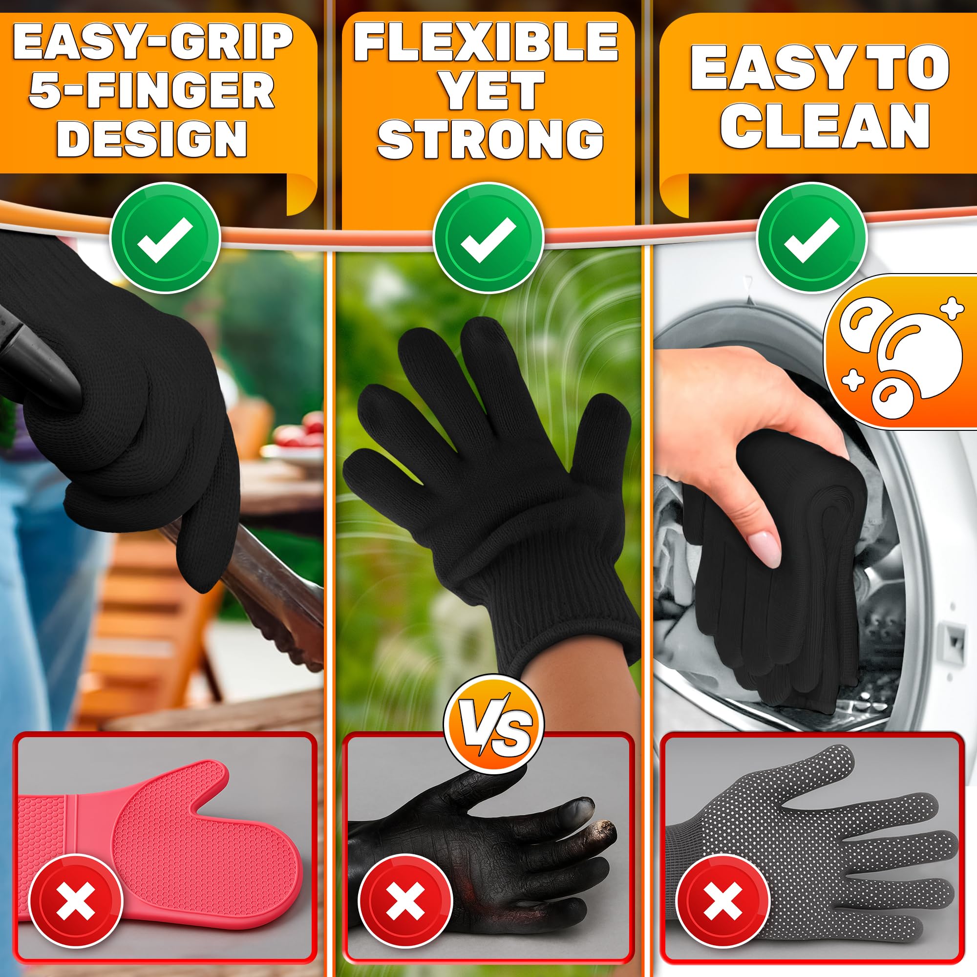 V TOWER non-slip grip enhanced gloves improve control at the grill.