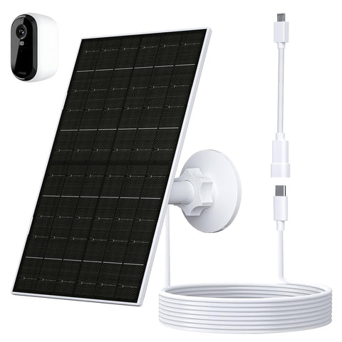 Vuebee 7W solar panel powers Arlo Essential 2K outdoors for continuous charging.