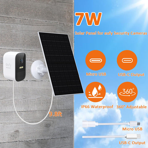 VueBee 7W solar panel powering EufyCam E20 via USB-C in sunny conditions.