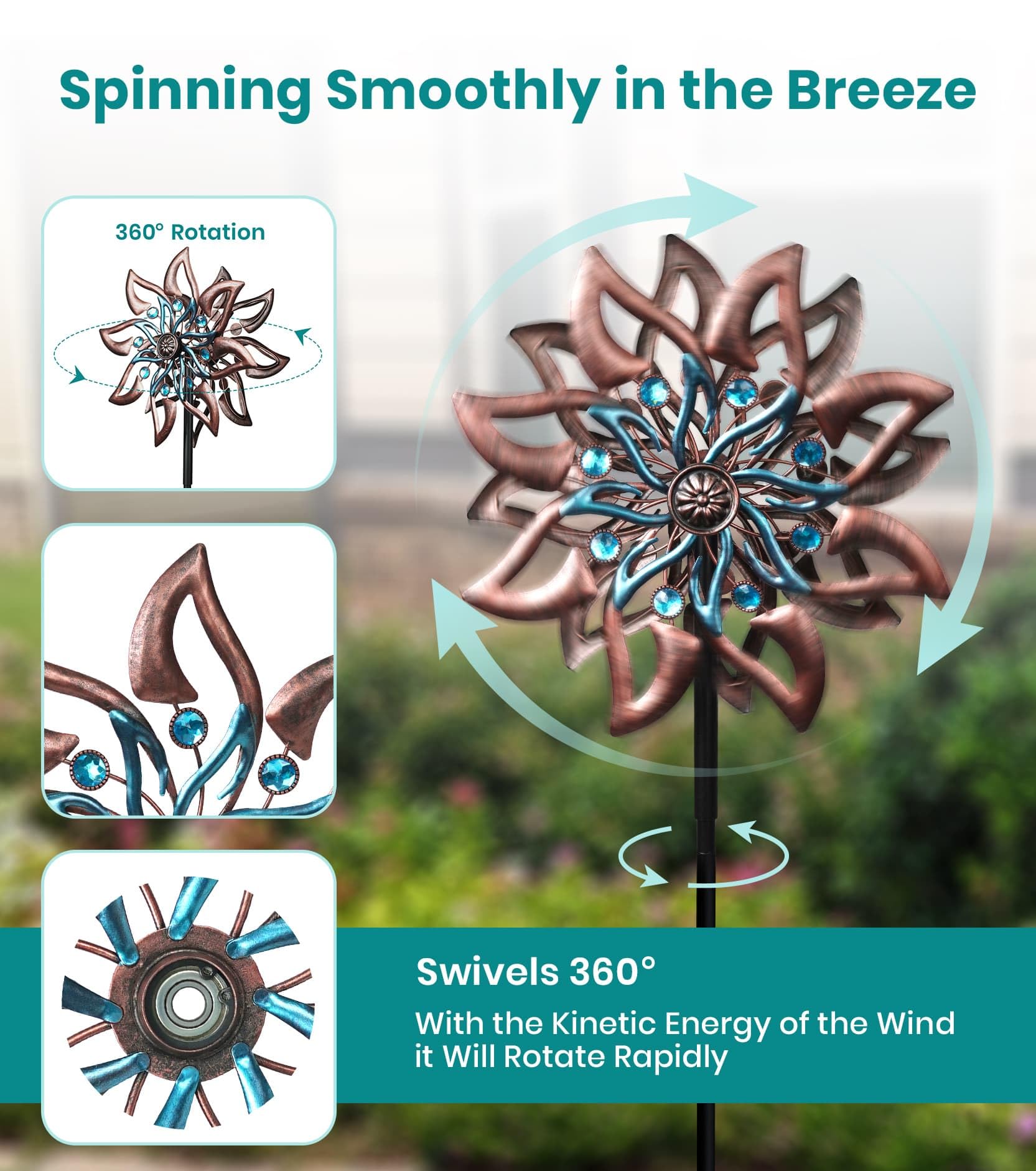 VUFOZ copper-teal wind spinner with metal construction withstands outdoor use.