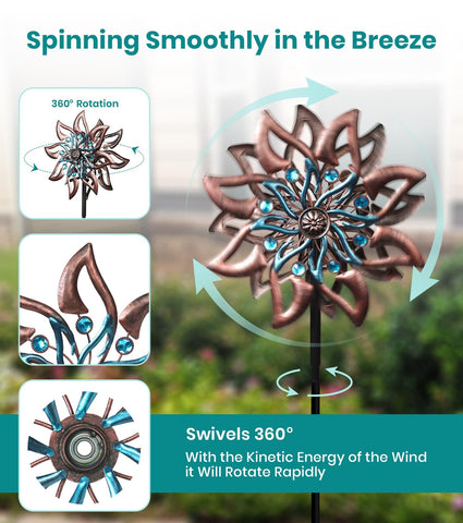 VUFOZ copper-teal wind spinner with metal construction withstands outdoor use.