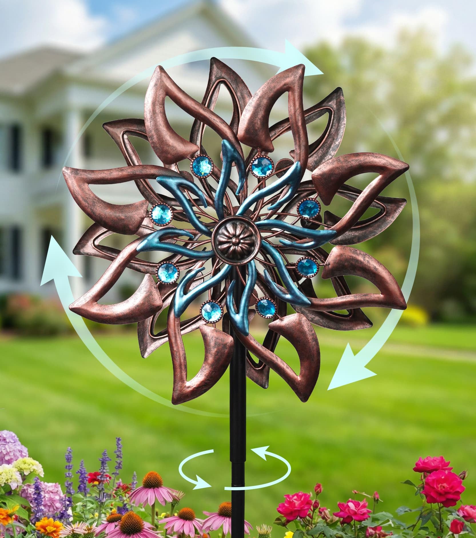VUFOZ dahlia-inspired wind spinner outdoors adds color and balance to your garden.