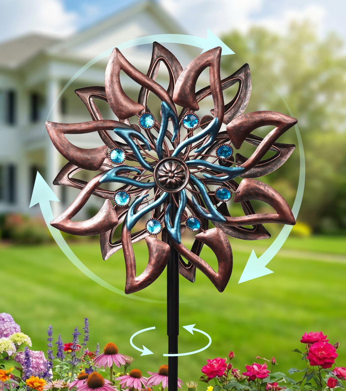 VUFOZ dahlia-inspired wind spinner outdoors adds color and balance to your garden.