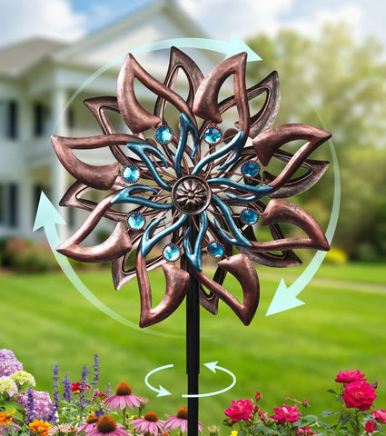 VUFOZ dahlia-inspired wind spinner outdoors adds color and balance to your garden.