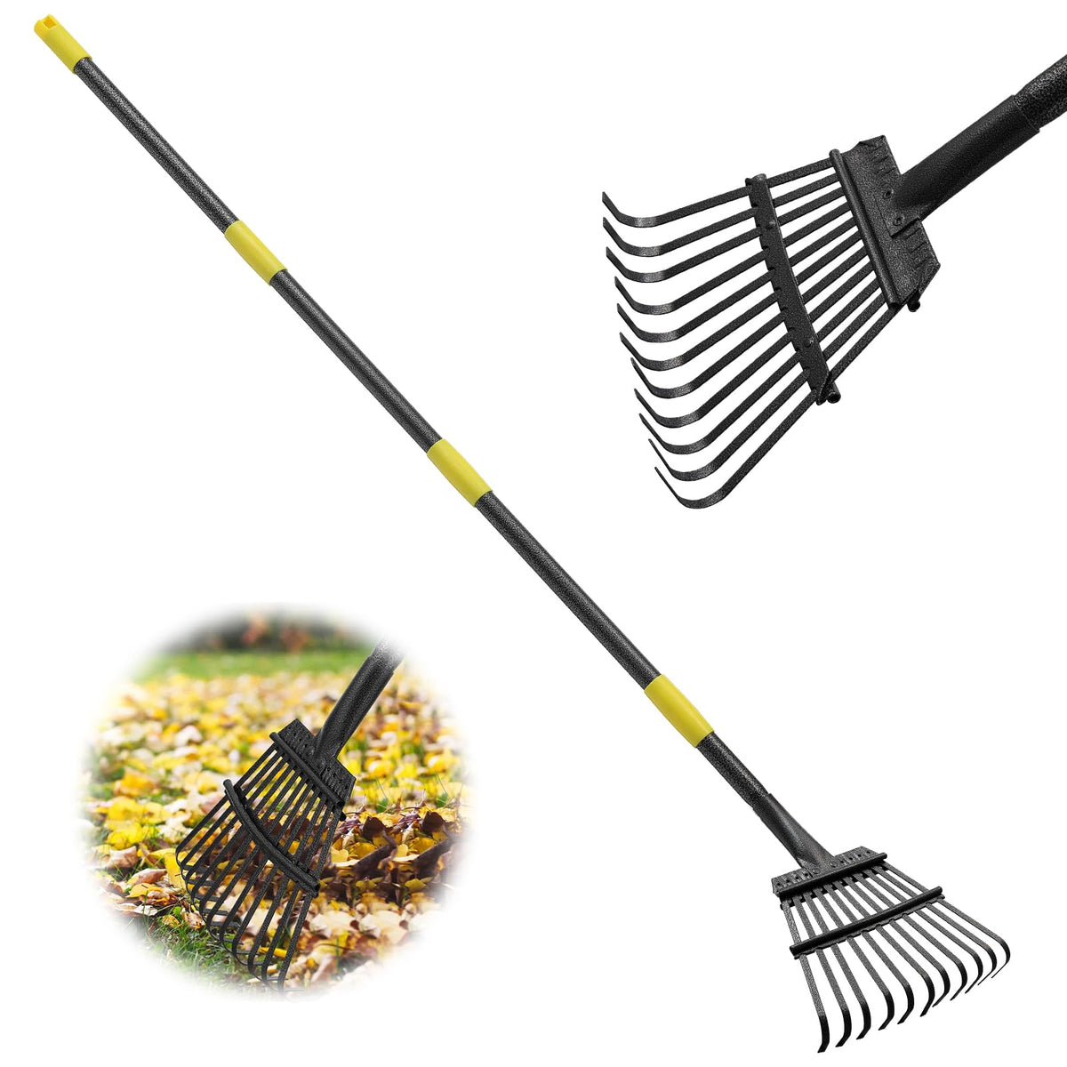 VUGHIUA 60-inch rake with 11 tines for efficient lawn cleanup.