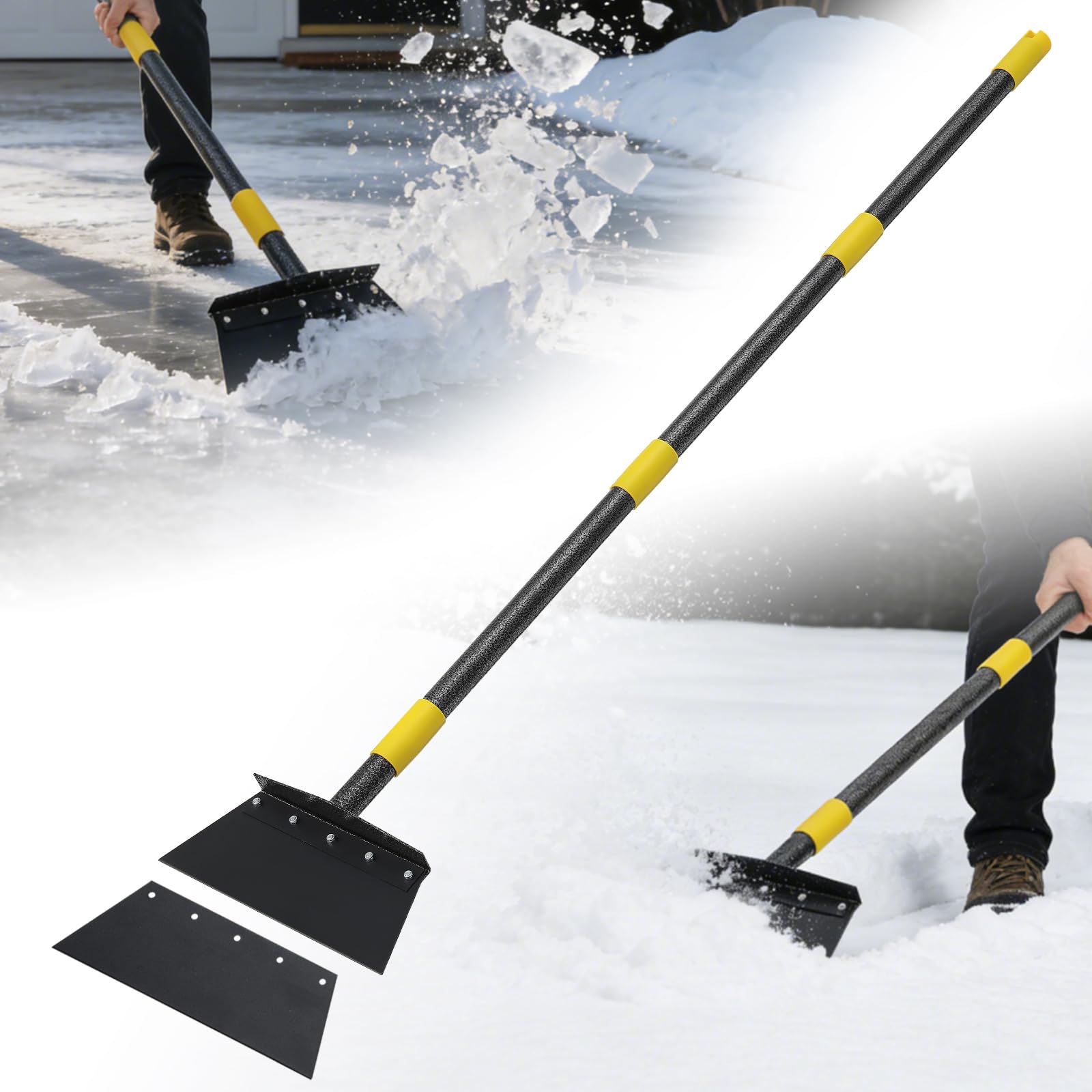 VUGHIUA snow shovel ice scraper with 74-inch handle for easy driveway clearance